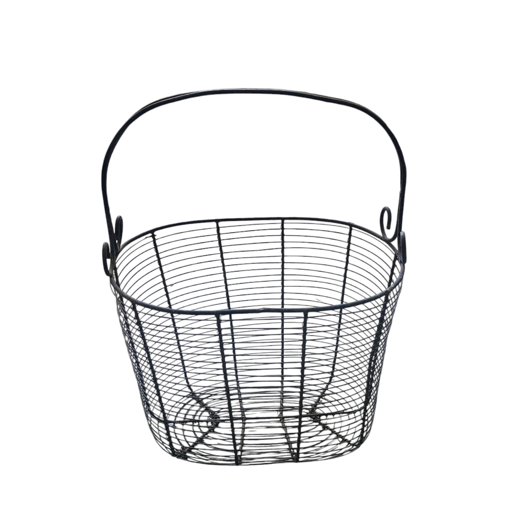 French Farmhouse Vintage Metal Wire Tall Basket Oval Handle Boho Cottage Country
